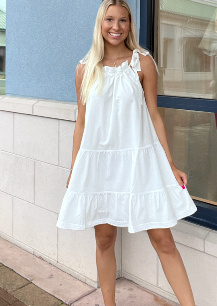 white tiered sleeveless  dress