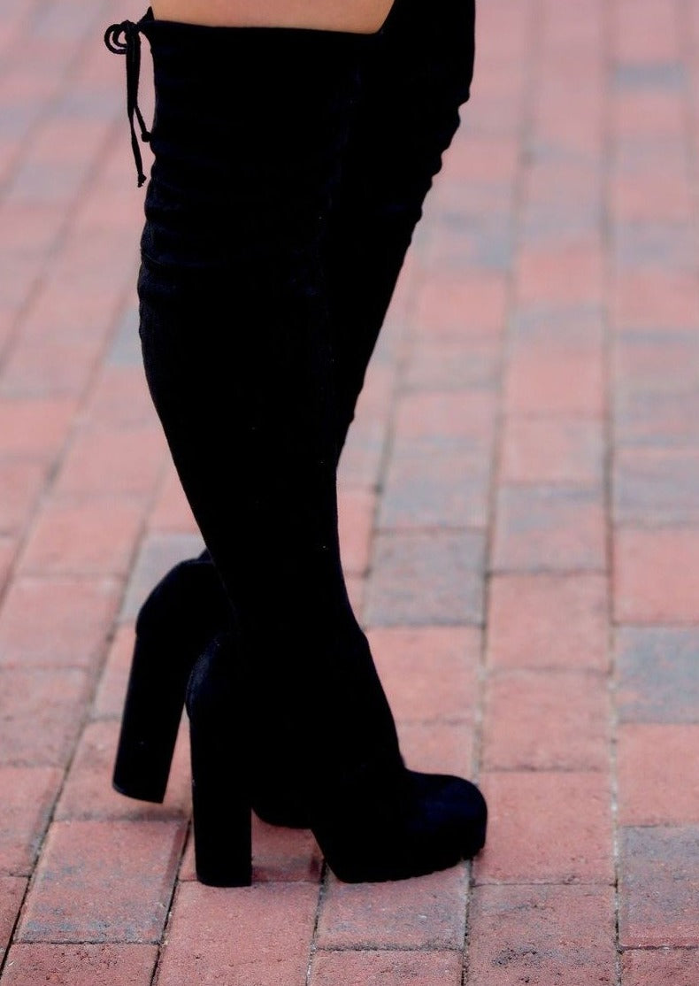 drawstring over the knee boots in black with platform heel